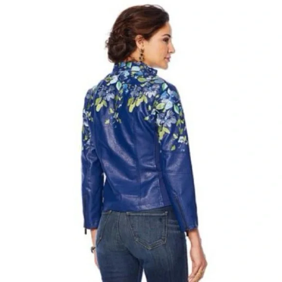Colleen Lopez navy blue embroidered floral faux leather moto jacket Size XL - Picture 3 of 11